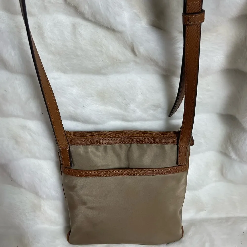 Michael Kors khaki Nylon crossbody bag with brown leather trim &adjustable strap